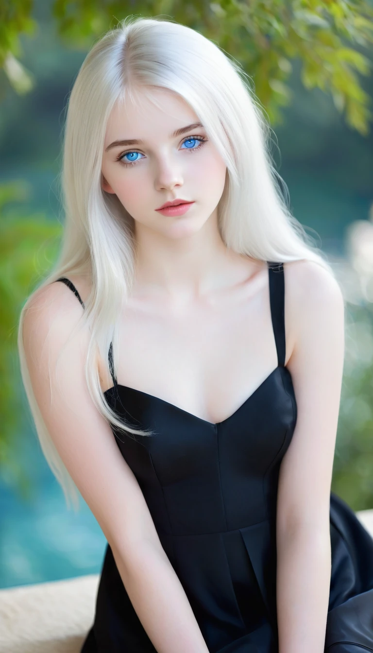 Very beautiful 15 year old girl, with white hair and white skin and blue eyes with a short black dress that shows her full body 