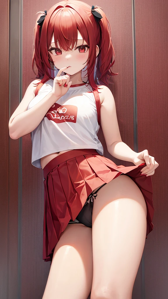Girl in (mini skirt with pleated yoke), red and black short T-shirt, A little (Tang's panties) white, hair color white mixed with red, Twin-Tail, white red background, wallpaper, Full length girl, beautiful poses.