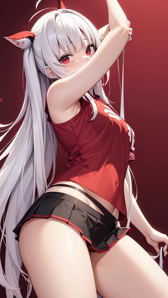 Girl in (mini skirt with pleated yoke), red and black short T-shirt, A little (Tang's panties) white, hair color white mixed with red, Twin-Tail, white red background, wallpaper, Full length girl, beautiful poses.