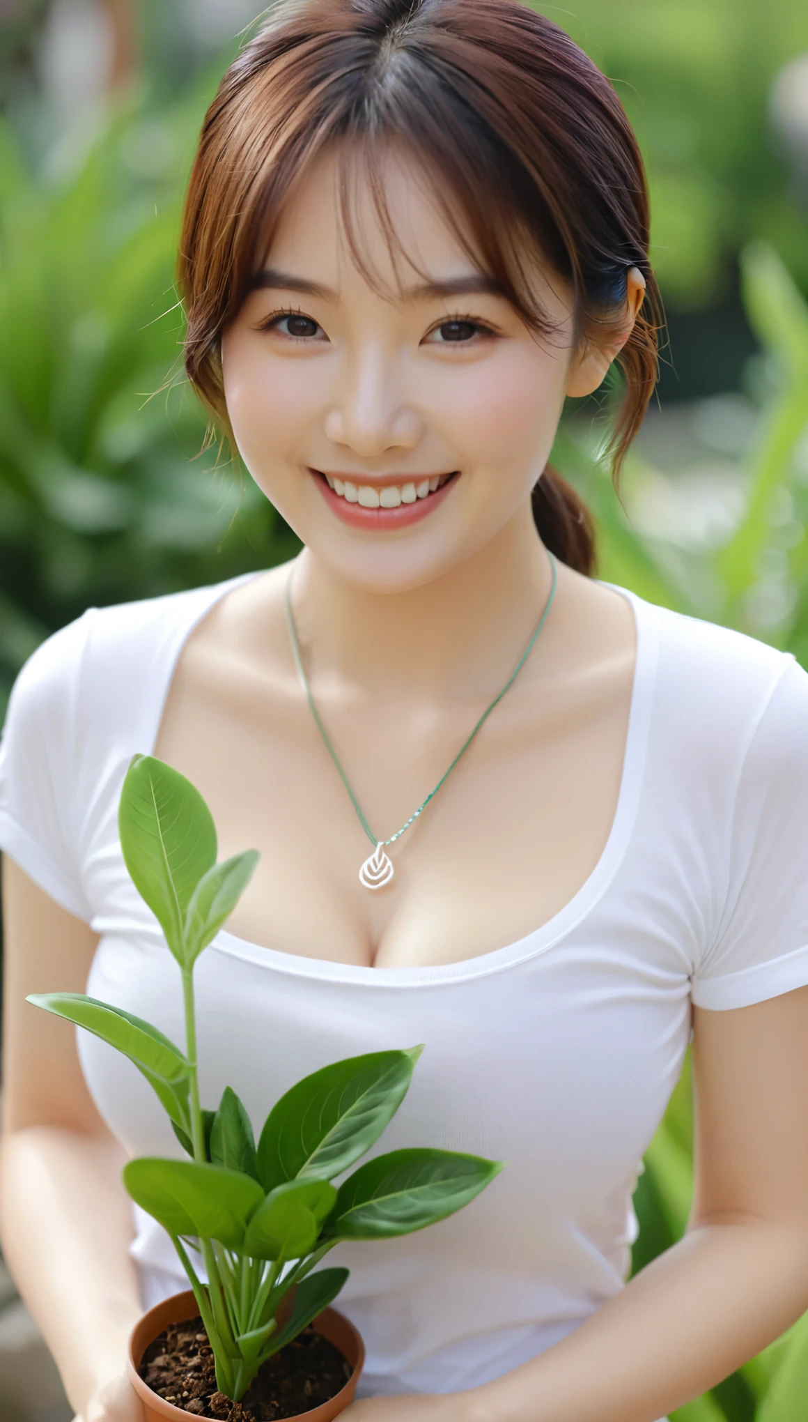 extreme close-up of beautiful korean female, 34 inch breasts size, smile, wearing t-shirt, necklace, holding plant, in the garden, bokeh background, UHD