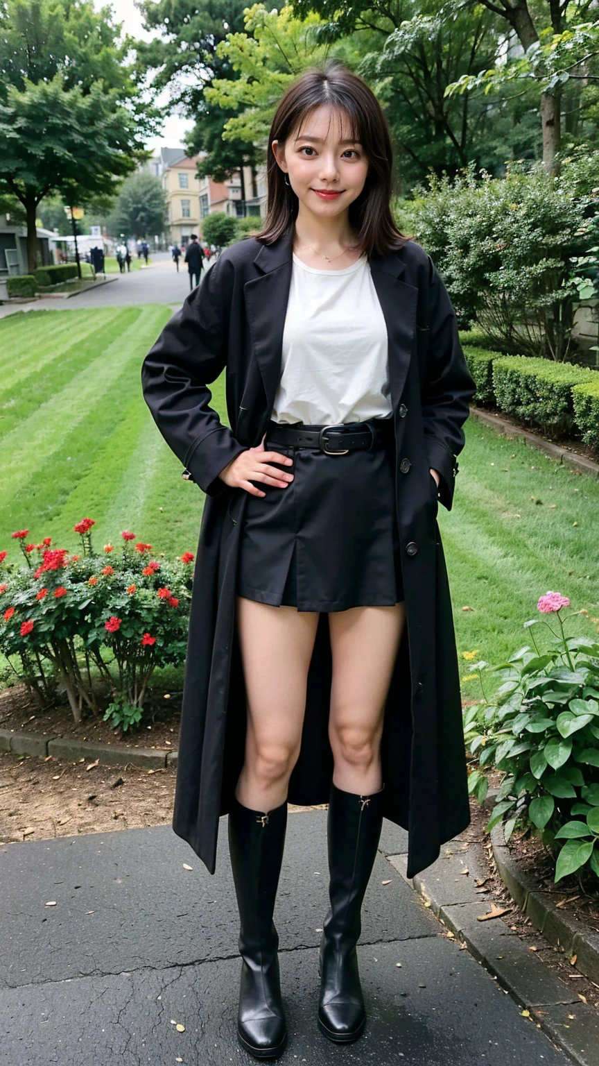 (8K、RAW Photos、Highest quality、masterpiece:1.2)、(Realistic、Realistic)、1 Girl、((Check mini skirt、Long coat、Medium Hair、black、Thin legs、whole body、boots、blackいコート、one piece、tights、garden、View from the front、Looking into the camera、belt、Stand with hands on hips))、cute