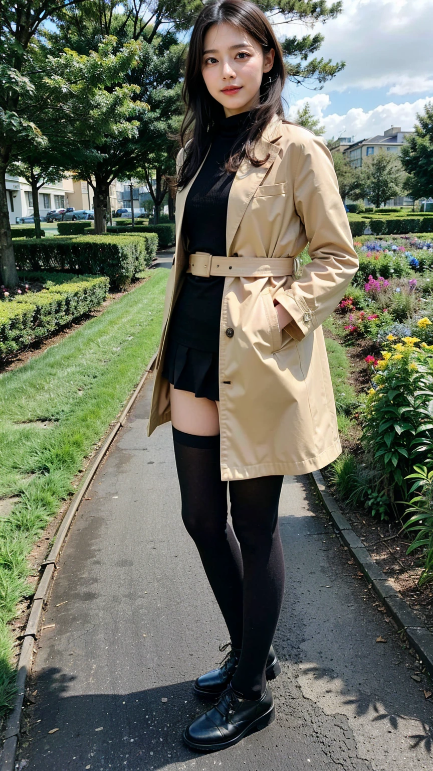 (8K、RAW Photos、Highest quality、masterpiece:1.2)、(Realistic、Realistic)、1 Girl、((Check mini skirt、Long coat、Medium Hair、black、Thin legs、whole body、boots、blackいコート、one piece、tights、garden、View from the front、Looking into the camera、belt、Stand with hands on hips))、cute