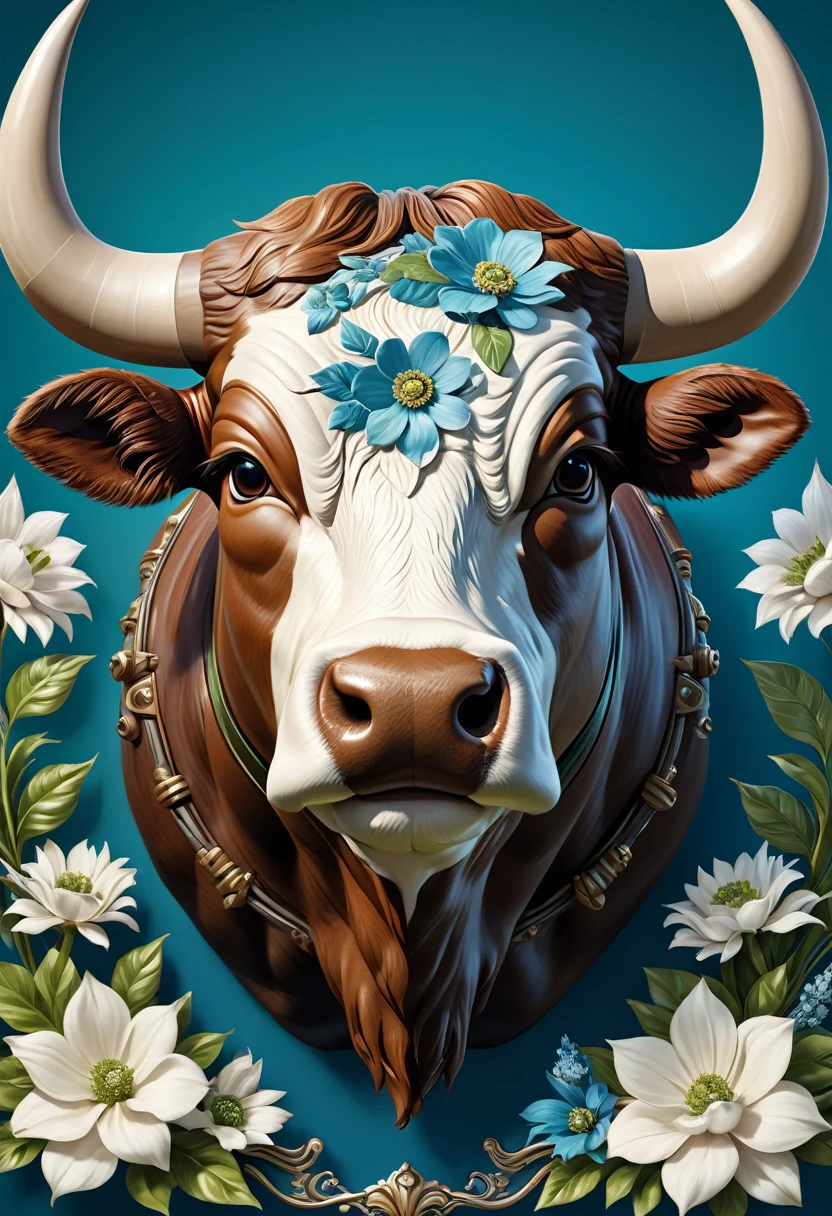 Mechanical bull head,lifelike,Anthropomorphic cattle,Character setting,Ultra-detailed graphics,Delicate face,8K,magazine cover,Floral background decoration,Strong color contrast,Darker color,Blue, green and white