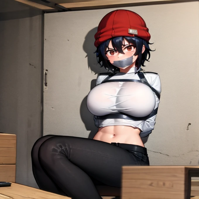 best quality, (masterpiece:1.2), highly detailed,
1girl, solo,
Izumo Fuuko
tomboy
beanie, red headwear, black crop top, black hair, short hair,hair between eyes, brown, nervous
Sitting, looking at the viewer, mouth gagged, mouth taped,
huge breasts, wrists taped, arms taped, arms behind back, tigh highs,