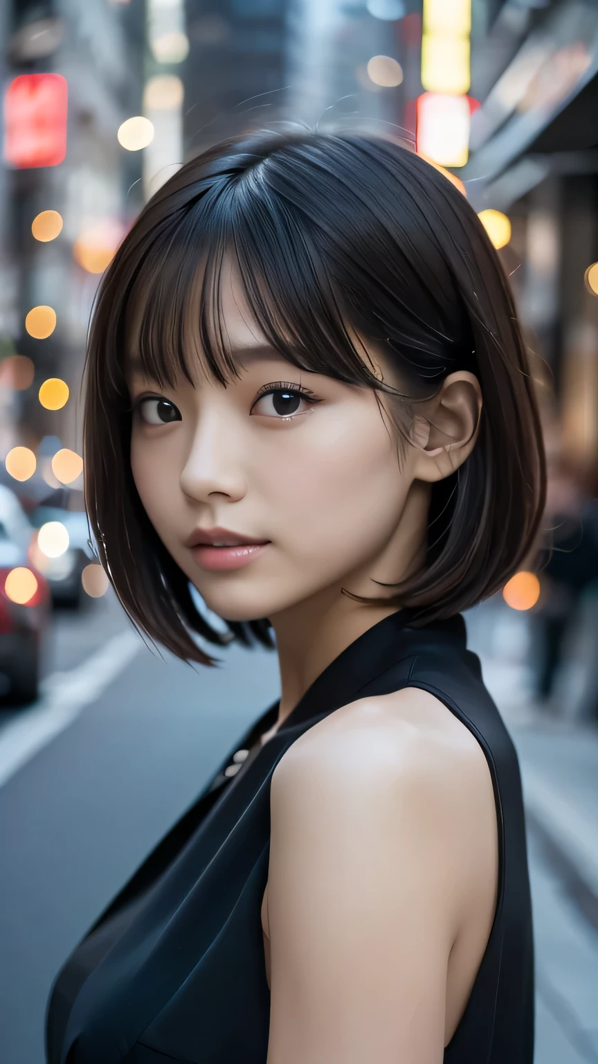 (((city:1.3, Outdoor, Photographed from the front))), ((Medium Bob:1.3, Black Dress, Have,Japanese women, cute)), (clean, Natural Makeup), (Highest quality, masterpiece:1.3, 超High resolution), (Very detailedな, Caustics), (Realistic:1.4, RAW shooting), Very detailed, High resolution, 16K resolution
