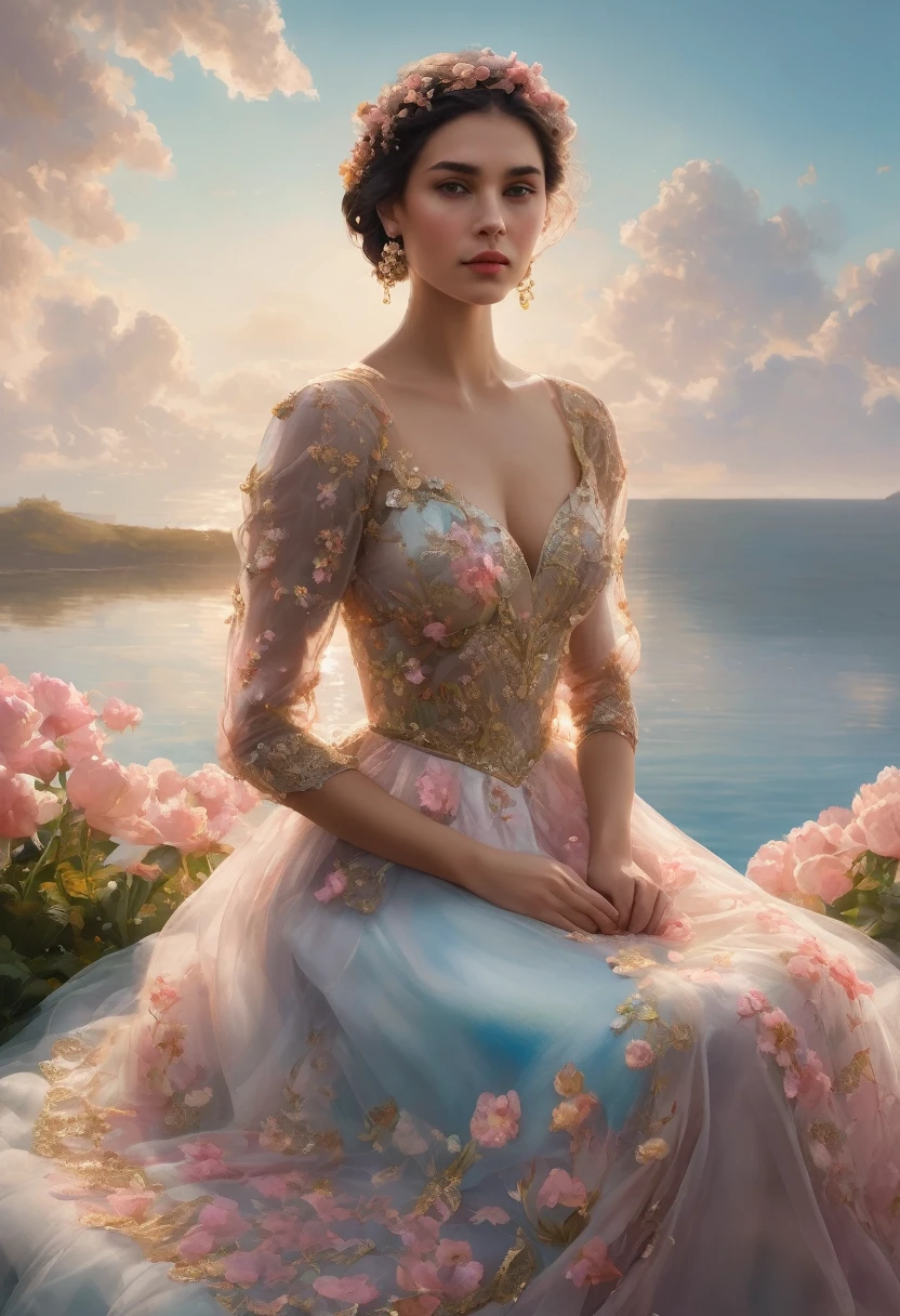 A serene and elegant scene of a woman in an elaborate floral dress sitting on a large flower platform on a calm sea surface, with a transparent bubble gently floating behind her. The dress features large delicate flowers, blending gentle pastel pink with delicate gold accents. The sky is clear blue with a few thin clouds, adding a poetic touch. The overall mood is peaceful and otherworldly, capturing the beauty and tranquility of the moment, 8k, photorealistic, soft lighting, intricate details, 1girl, solo, looking at viewer, short hair, brown hair, black hair, long sleeves, dress, jewelry, sitting, collarbone, flower, earrings, outdoors, parted lips, sky, day, cloud, water, white dress, mole, lips, see-through, ocean, ring, mole on breast, realistic, waves, ((big breasts)) 