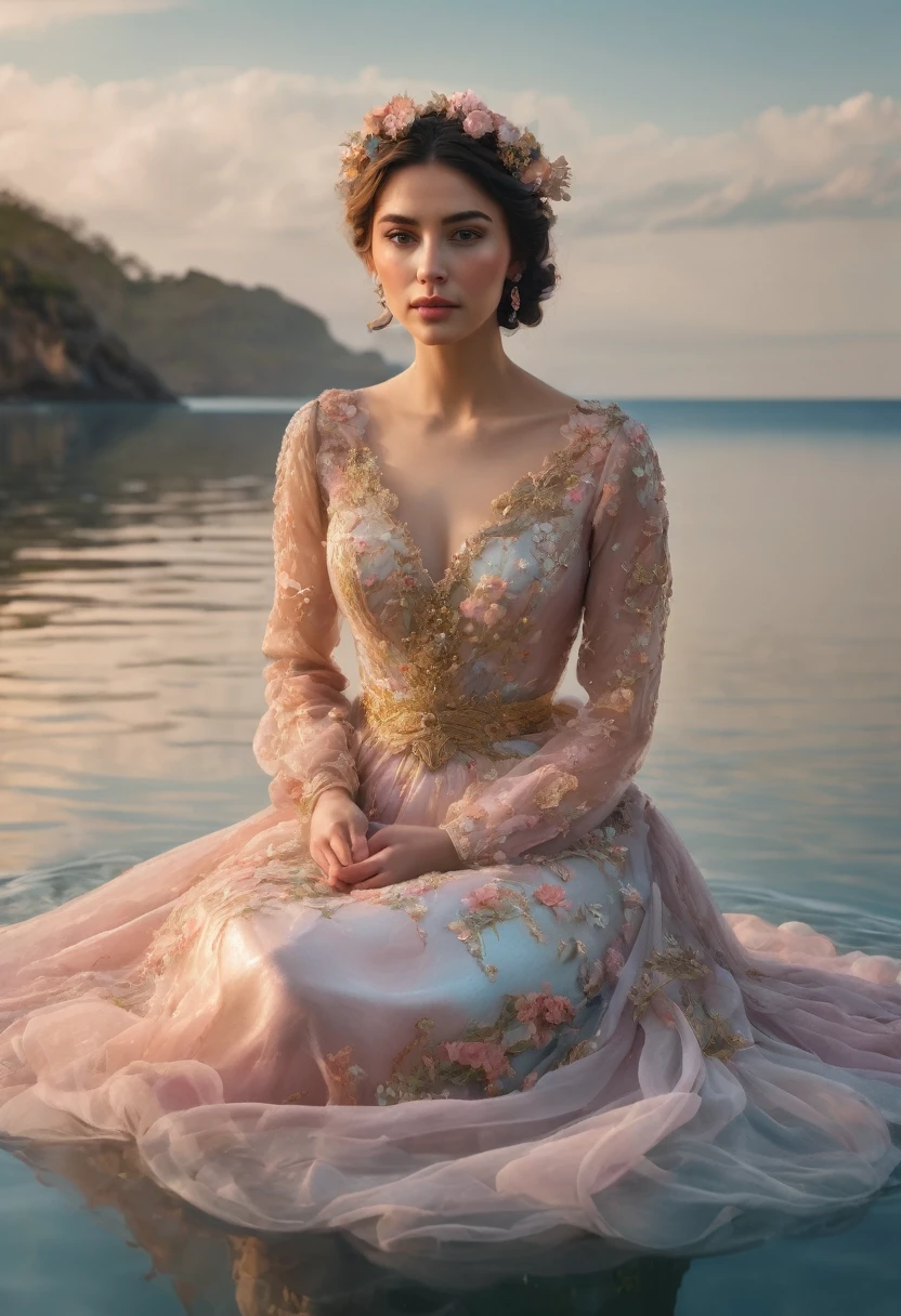 A serene and elegant scene of a woman in an elaborate floral dress sitting on a large flower platform on a calm sea surface, with a transparent bubble gently floating behind her. The dress features large delicate flowers, blending gentle pastel pink with delicate gold accents. The sky is clear blue with a few thin clouds, adding a poetic touch. The overall mood is peaceful and otherworldly, capturing the beauty and tranquility of the moment, 8k, photorealistic, soft lighting, intricate details, 1girl, solo, looking at viewer, short hair, brown hair, black hair, long sleeves, dress, jewelry, sitting, collarbone, flower, earrings, outdoors, parted lips, sky, day, cloud, water, white dress, mole, lips, see-through, ocean, ring, mole on breast, realistic, waves, ((big breasts))