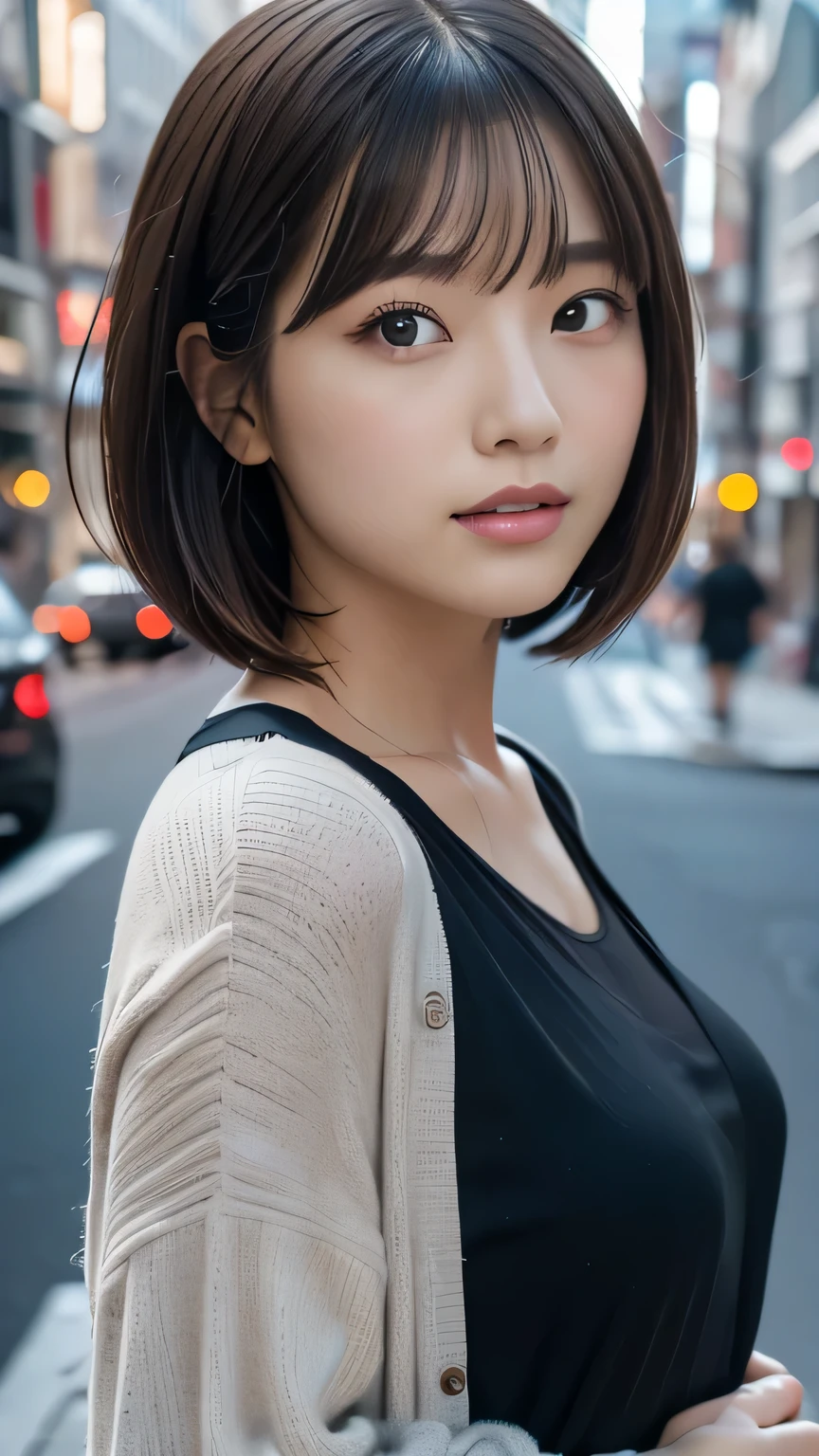 (((city:1.3, Outdoor, Photographed from the front))), ((Medium Bob:1.3, Black Dress, Have,Japanese women, cute)), (clean, Natural Makeup), (Highest quality, masterpiece:1.3, 超High resolution), (Very detailedな, Caustics), (Realistic:1.4, RAW shooting), Very detailed, High resolution, 16K resolution