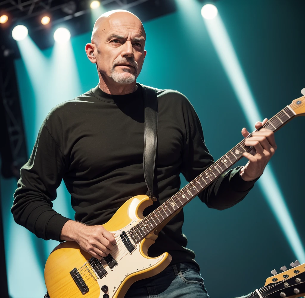 60 year old man , bald green eyes , 93kg, guitarist, Amazing photo with effect on stage at a show