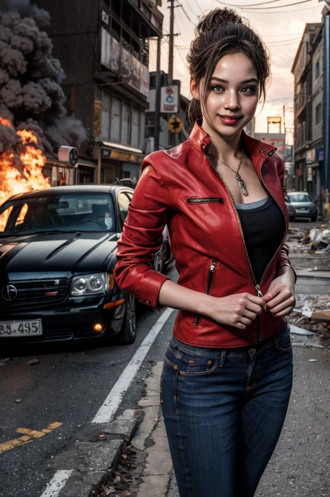 1girl, (realistic),(hyperrealism),(best quality),(masterpiece),(ultra high res),(photorealistic),idol,eye makeup,detailed eyes,detailed face,black dress, claireredfield2, brown hair, (red jacket:1.2), ponytail, (denim pants:1.3),, red wristband,, abandoned street, burning cars in background, littered street, smoke, chaos, zombie apocalypse, daytime, sunny,, flirting, looking at viewer, smiling, closeup shot