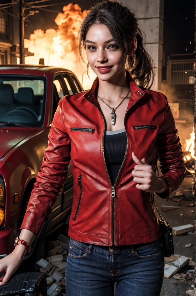 1girl, (realistic),(hyperrealism),(best quality),(masterpiece),(ultra high res),(photorealistic),idol,eye makeup,detailed eyes,detailed face,black dress, claireredfield2, brown hair, (red jacket:1.2), ponytail, (denim pants:1.3),, red wristband,, abandoned street, burning cars in background, littered street, smoke, chaos, zombie apocalypse, daytime, sunny,, flirting, looking at viewer, smiling, closeup shot