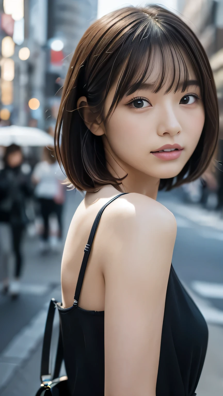 (((city:1.3, Outdoor, Photographed from the front))), ((Medium Bob:1.3, Black Dress, Have,Japanese women, cute)), (clean, Natural Makeup), (Highest quality, masterpiece:1.3, 超High resolution), (Very detailedな, Caustics), (Realistic:1.4, RAW shooting), Very detailed, High resolution, 16K resolution