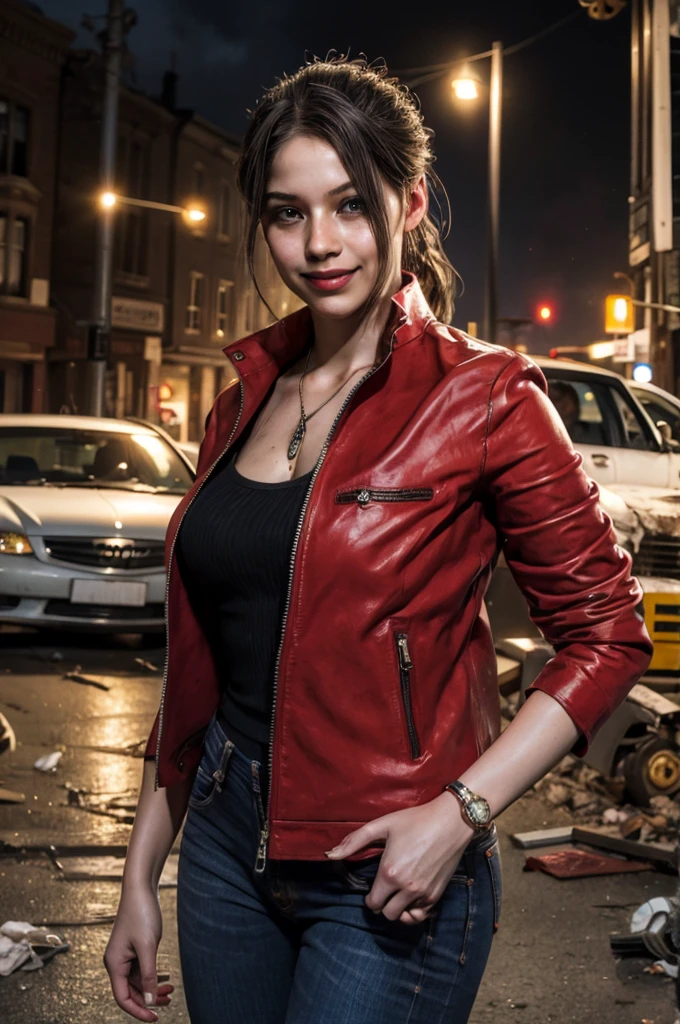 1girl, (realistic),(hyperrealism),(best quality),(masterpiece),(ultra high res),(photorealistic),idol,eye makeup,detailed eyes,detailed face,black dress, claireredfield2, brown hair, (red jacket:1.2), ponytail, (denim pants:1.3),, red wristband,, abandoned street, burning cars in background, littered street, smoke, chaos, zombie apocalypse, daytime, sunny,, flirting, looking at viewer, smiling, closeup shot