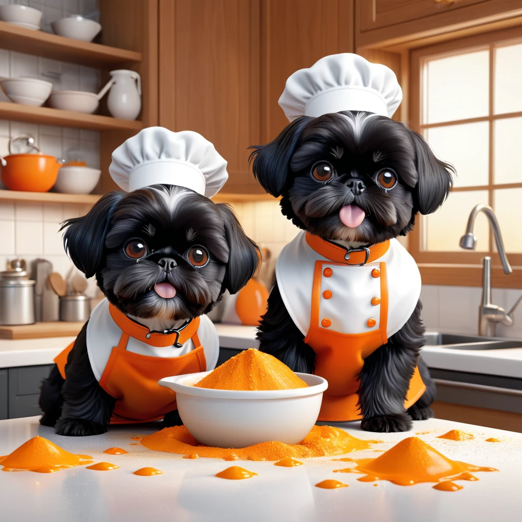 2 Adorable small black Shih Tzu puppies wearing orange collars and aprons, flour and sugar making a mess in Disney kitchen 3d cartoon, 3d render, disney pixar style
