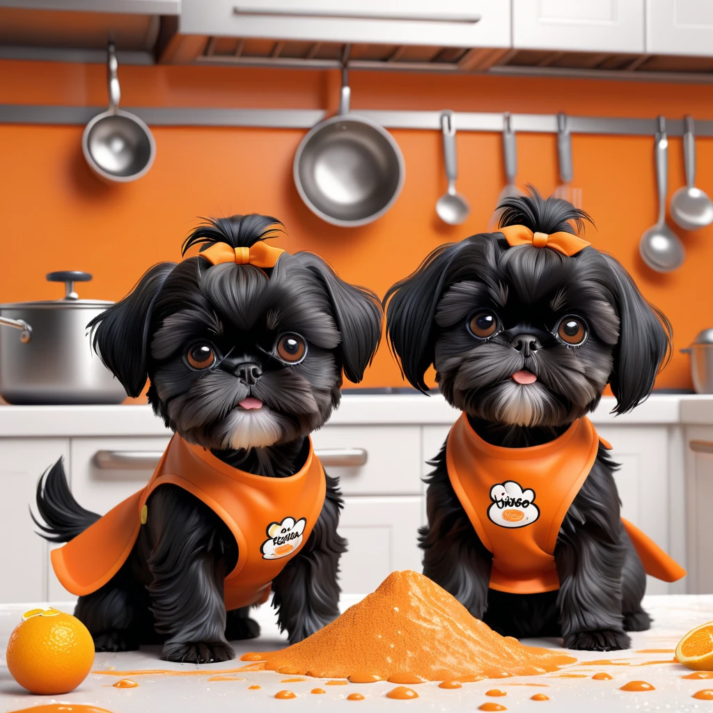 2 Adorable small black Shih Tzu puppies wearing orange collars and aprons, flour and sugar making a mess in Disney kitchen 3d cartoon, 3d render, disney pixar style