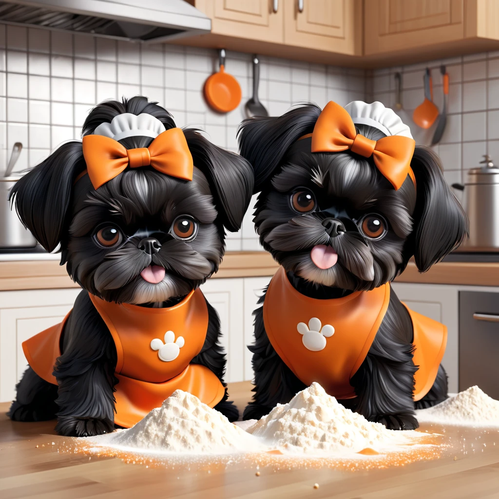 2 Adorable small black Shih Tzu puppies wearing orange collars and aprons, flour and sugar making a mess in Disney kitchen 3d cartoon, 3d render, disney pixar style