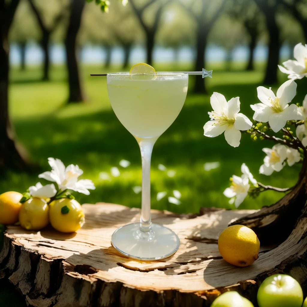A glass of lemonade is placed on the stump, absinthe, Cocktail in engraved glass, 2 0 s, inspired author:Endoc Martini, drink, decorate, acidity, author:Endoc Martini, Inspired by Carlo Martini, Modern crystal martini glass, inspired by Johannes Martini, !!beautiful!!, under the sun,The color of the wine is brownish red