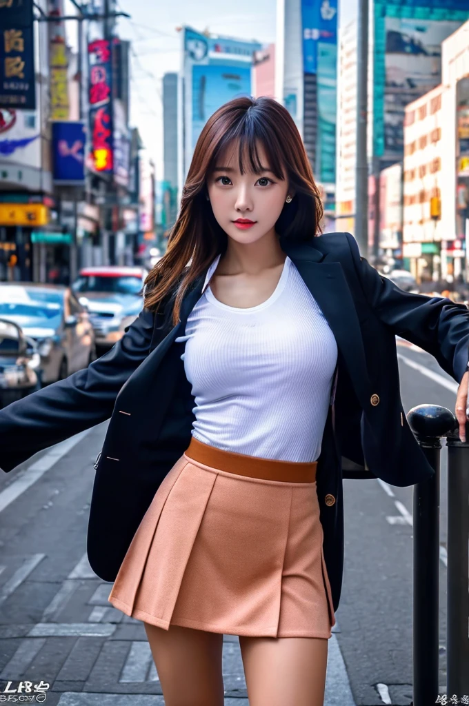 a 17 year old girl, she is the most beautiful actress in the world, the perfect body proportions of this girl, her upper body with it's large breasts are covered 100% by the shirt under the blazer, her crotch between her bare legs are hidden 99% by short skirt, it's only one description of one body, it's from right above her head to right below her shins are within frame, all her body is looking forward to viewer, she is standing at the city street, nsfw, best quality, highly detailed, masterpiece, ultra high res, photo realistic, 8k, RAW photo