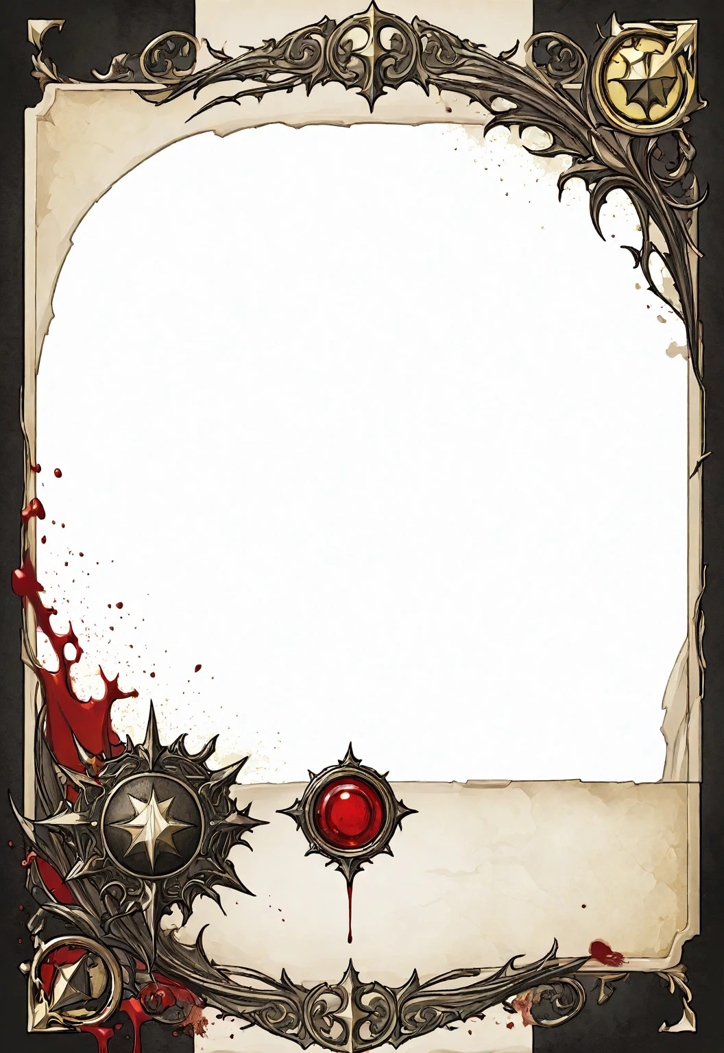 A card border UI，Medieval European fantasy style，Suspense style，Profile Style。Leave a square blank space in the middle，Parchment backing，There are blood stains on it。Black and White、yellowish、Dark red main color。