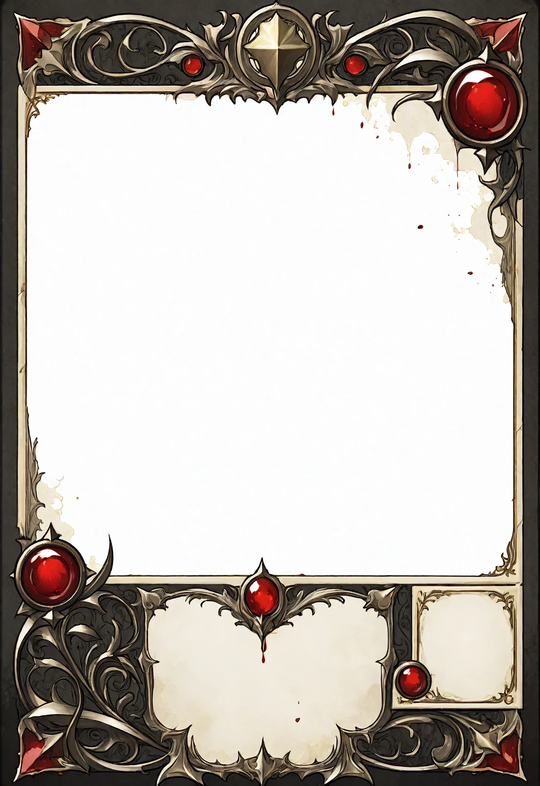 A card border UI,Medieval European fantasy style,Suspense style,Profile Style。Leave a square blank space in the middle,Parchment backing,There are blood stains on it。Black and White、yellowish、Dark red main color。