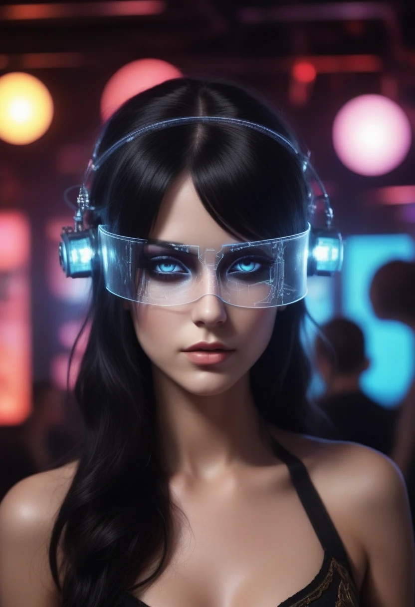ampereart dancer in a nightclub full of electrical diagrams, very realistic <lora:ampereart:0.9 neon Transparent eye shield fashion show Black Hair steampunk
