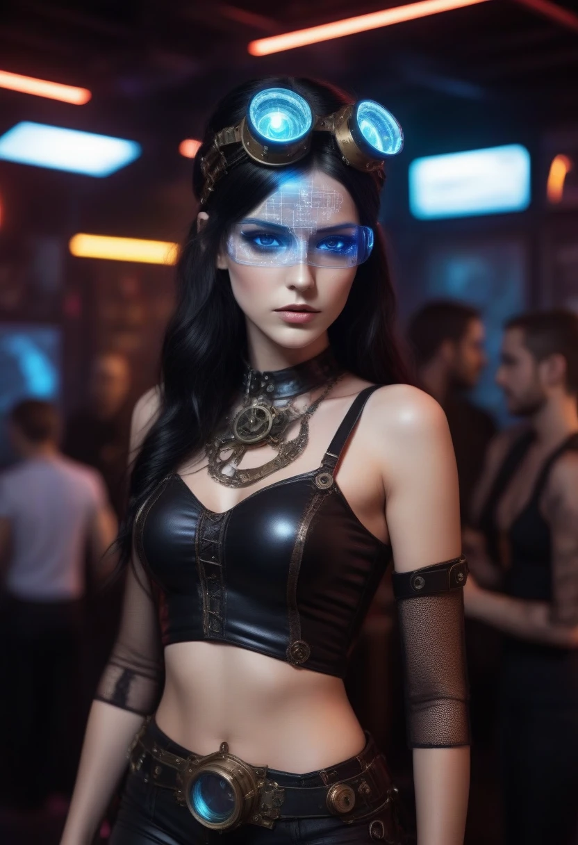 ampereart dancer in a nightclub full of electrical diagrams, very realistic <lora:ampereart:0.9 neon Transparent eye shield fashion show Black Hair steampunk