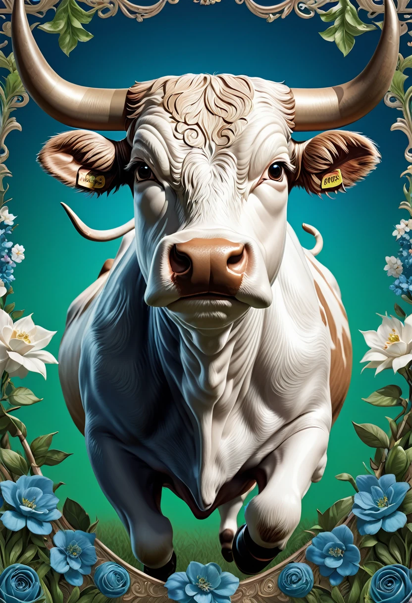 Mechanical Bull,lifelike,Anthropomorphic cattle,Character setting,Ultra-detailed graphics,Delicate face,8K,magazine cover,Floral background decoration,Strong color contrast,Darker color,Blue, green and white