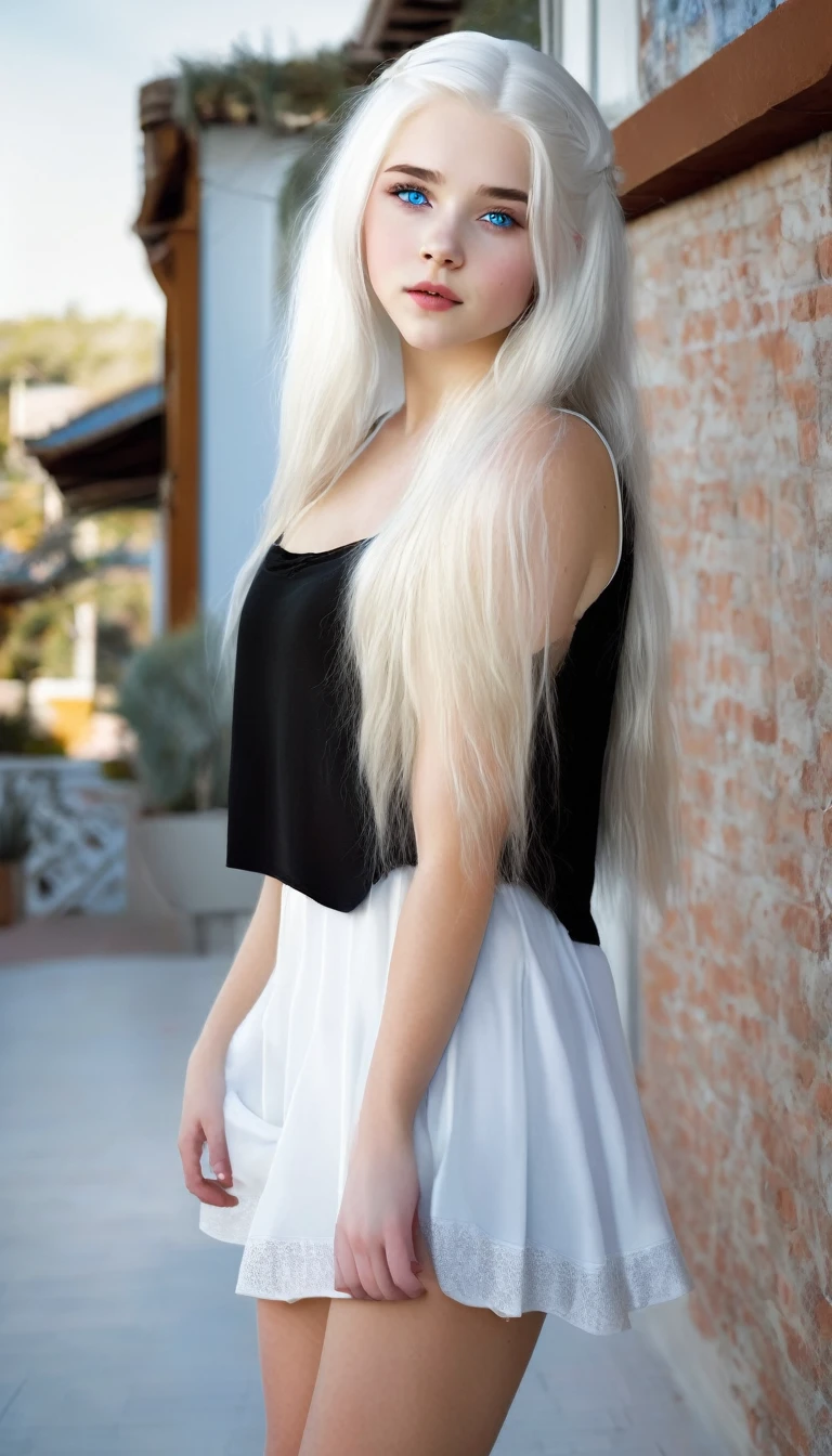 Very beautiful 15 year old girl, with white hair and white skin and blue eyes with a short black dress that shows her full body 