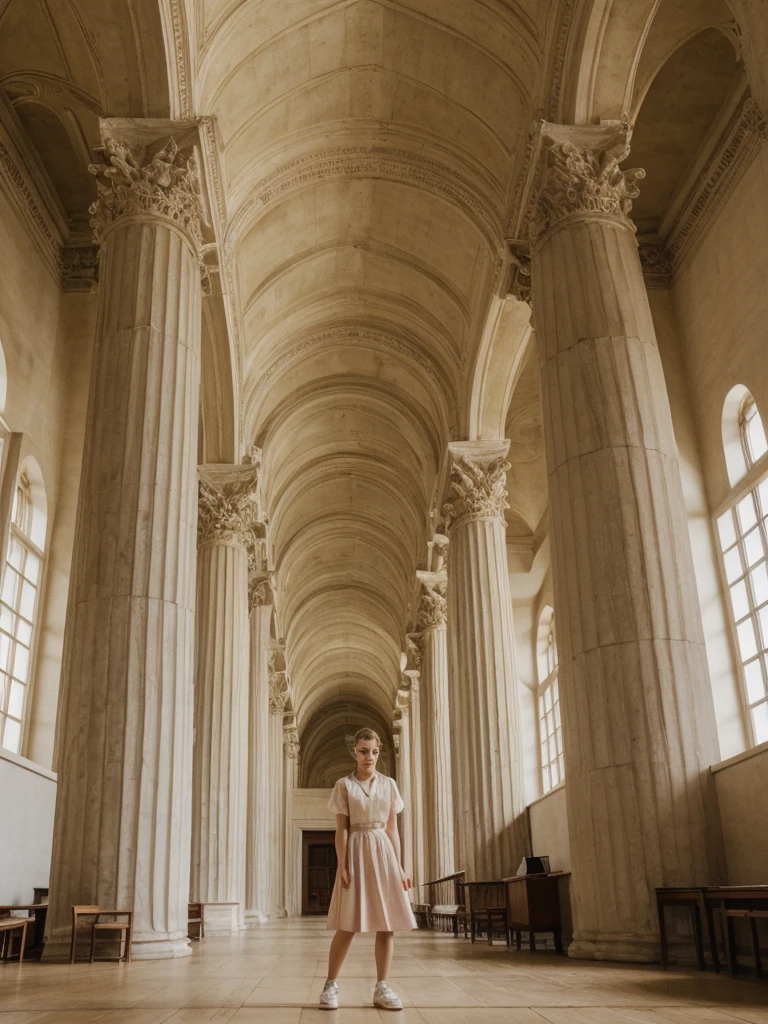 her name is Amelie, high quality, 1girl, ((20-year-old fit Caucasian woman)), ((20 years old)), ((fit)), ((Halo Braid)), pose: standing, wearing unique Generation-Z modern wear pastel colored, BACKGROUND: Walk through the grand, neoclassical halls of the British Museum, with its high ceilings and majestic columns. Sunlight streams through the glass roof of the Great Court, illuminating ancient artifacts from around the world. The soft whispers of visitors and the faint smell of old books and artifacts create an atmosphere steeped in history.