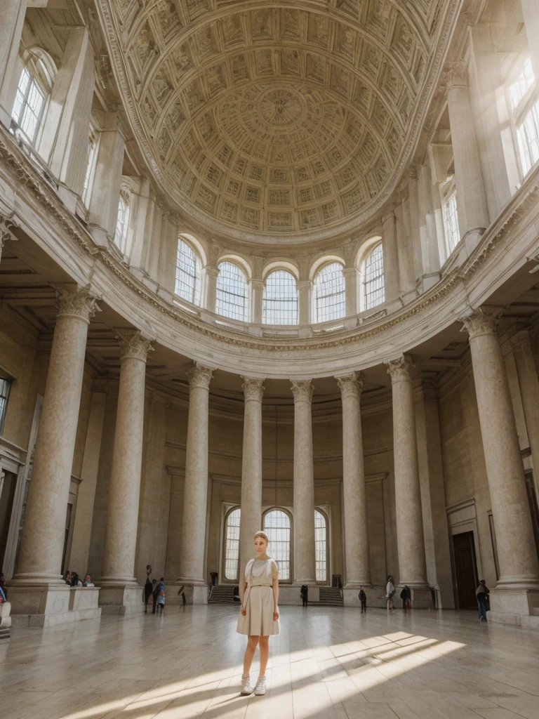 her name is Amelie, high quality, 1girl, ((20-year-old fit Caucasian woman)), ((20 years old)), ((fit)), ((Halo Braid)), pose: standing, wearing unique Generation-Z modern wear pastel colored, BACKGROUND: Walk through the grand, neoclassical halls of the British Museum, with its high ceilings and majestic columns. Sunlight streams through the glass roof of the Great Court, illuminating ancient artifacts from around the world. The soft whispers of visitors and the faint smell of old books and artifacts create an atmosphere steeped in history.