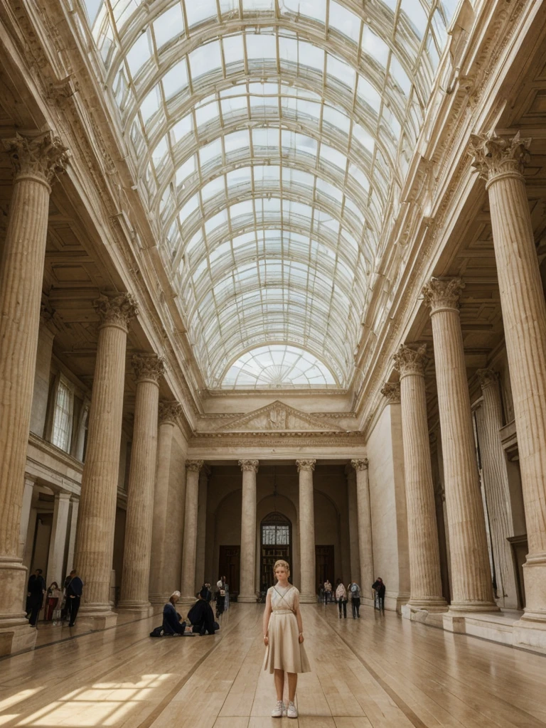 her name is Amelie, high quality, 1girl, ((20-year-old fit Caucasian woman)), ((20 years old)), ((fit)), ((Halo Braid)), pose: standing, wearing unique Generation-Z modern wear pastel colored, BACKGROUND: Walk through the grand, neoclassical halls of the British Museum, with its high ceilings and majestic columns. Sunlight streams through the glass roof of the Great Court, illuminating ancient artifacts from around the world. The soft whispers of visitors and the faint smell of old books and artifacts create an atmosphere steeped in history.