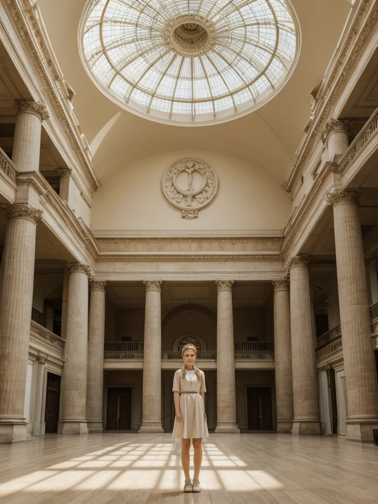 her name is Amelie, high quality, 1girl, ((20-year-old fit Caucasian woman)), ((20 years old)), ((fit)), ((Halo Braid)), pose: standing, wearing unique Generation-Z modern wear pastel colored, BACKGROUND: Walk through the grand, neoclassical halls of the British Museum, with its high ceilings and majestic columns. Sunlight streams through the glass roof of the Great Court, illuminating ancient artifacts from around the world. The soft whispers of visitors and the faint smell of old books and artifacts create an atmosphere steeped in history.