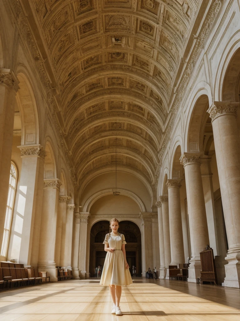 her name is Amelie, high quality, 1girl, ((20-year-old fit Caucasian woman)), ((20 years old)), ((fit)), ((Halo Braid)), pose: standing, wearing unique Generation-Z modern wear pastel colored, BACKGROUND: Walk through the grand, neoclassical halls of the British Museum, with its high ceilings and majestic columns. Sunlight streams through the glass roof of the Great Court, illuminating ancient artifacts from around the world. The soft whispers of visitors and the faint smell of old books and artifacts create an atmosphere steeped in history.