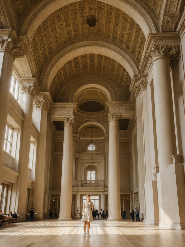 her name is Amelie, high quality, 1girl, ((20-year-old fit Caucasian woman)), ((20 years old)), ((fit)), ((Halo Braid)), pose: standing, wearing unique Generation-Z modern wear pastel colored, BACKGROUND: Walk through the grand, neoclassical halls of the British Museum, with its high ceilings and majestic columns. Sunlight streams through the glass roof of the Great Court, illuminating ancient artifacts from around the world. The soft whispers of visitors and the faint smell of old books and artifacts create an atmosphere steeped in history.
