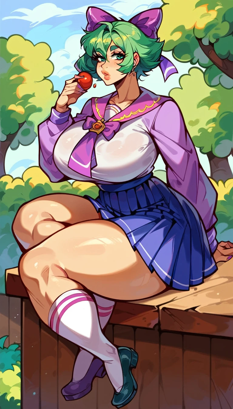 1girl。(For the audience,Large Breasts,Lips。make up,n_p,1girl,Fraction_9,Fraction_8_direction_7_direction_6_direction_5_direction_4_up,Green short hair,Green Eyes,Tie a bow at the back of your head,Purple and sailor collar,Striped sailor suit,Blue pleated skirt,White socks,leather shoes,Bean eyebrows,Wide hips,Thick thighs,Huge breasts,Huge ass,There is a bow at the back of the hair,Hair between the eyes,Sexy,Cute girl,Green Hair,eternal,positive image,rest,stocking,fat,long sleeve clothes,Purple striped clothes,Nipple protrusion,Smooth skin, Perfect skin,