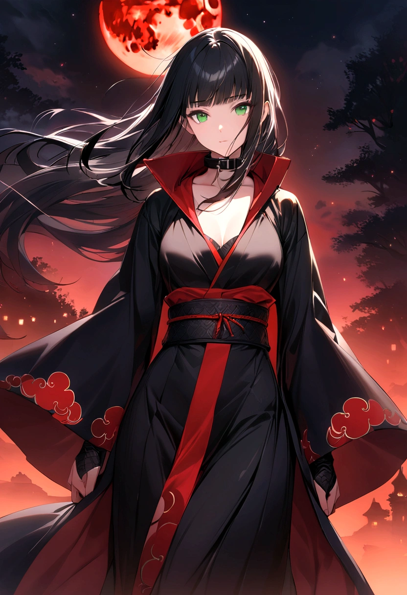 (Art), (best quality), ultra high resolution, professional art, ultra detailed, intricate, detailed face, perfect lighting, 1 girl, black hair, (green eyes), akatsuki outfit, ninja, black cape, black coat, collar tall, collarbone, head, night, night sky, crescent moon, red moon, outdoors, (cowboy shot, distant shot), blunt bangs, black hair, long hair
