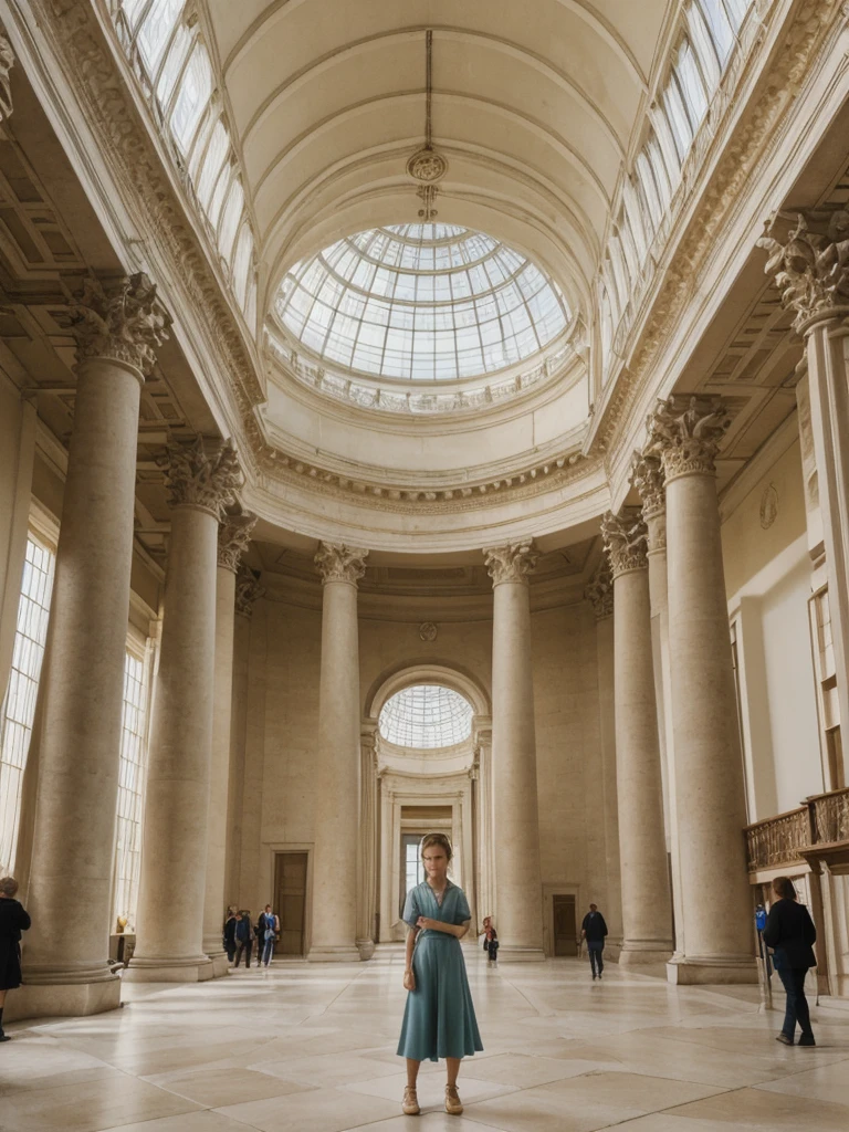 her name is Amelie, high quality, 1girl, ((20-year-old fit Caucasian woman)), ((20 years old)), ((fit)), ((Halo Braid)), pose: standing, wearing unique Generation-Z modern wear pastel colored, BACKGROUND: Walk through the grand, neoclassical halls of the British Museum, with its high ceilings and majestic columns. Sunlight streams through the glass roof of the Great Court, illuminating ancient artifacts from around the world. The soft whispers of visitors and the faint smell of old books and artifacts create an atmosphere steeped in history.