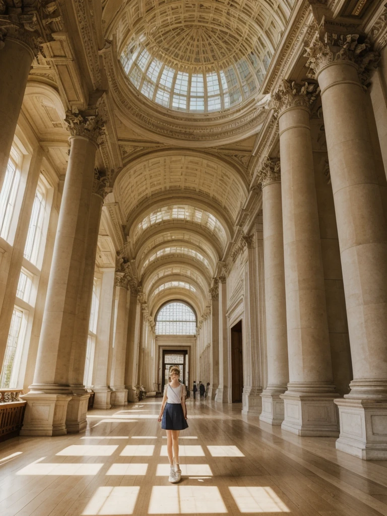 her name is Amelie, high quality, 1girl, ((20-year-old fit Caucasian woman)), ((20 years old)), ((fit)), ((Halo Braid)), pose: standing, wearing unique Generation-Z modern wear pastel colored, BACKGROUND: Walk through the grand, neoclassical halls of the British Museum, with its high ceilings and majestic columns. Sunlight streams through the glass roof of the Great Court, illuminating ancient artifacts from around the world. The soft whispers of visitors and the faint smell of old books and artifacts create an atmosphere steeped in history.