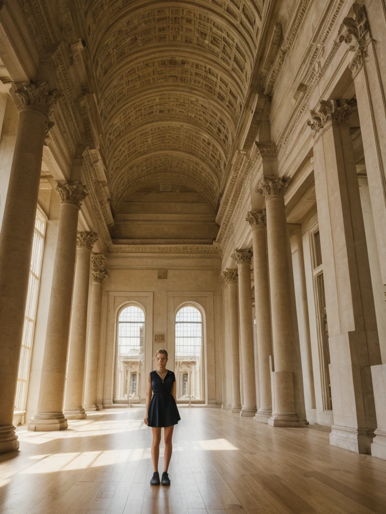 her name is Amelie, high quality, 1girl, ((20-year-old fit Caucasian woman)), ((20 years old)), ((fit)), ((Halo Braid)), pose: standing, wearing unique Generation-Z modern wear pastel colored, BACKGROUND: Walk through the grand, neoclassical halls of the British Museum, with its high ceilings and majestic columns. Sunlight streams through the glass roof of the Great Court, illuminating ancient artifacts from around the world. The soft whispers of visitors and the faint smell of old books and artifacts create an atmosphere steeped in history.