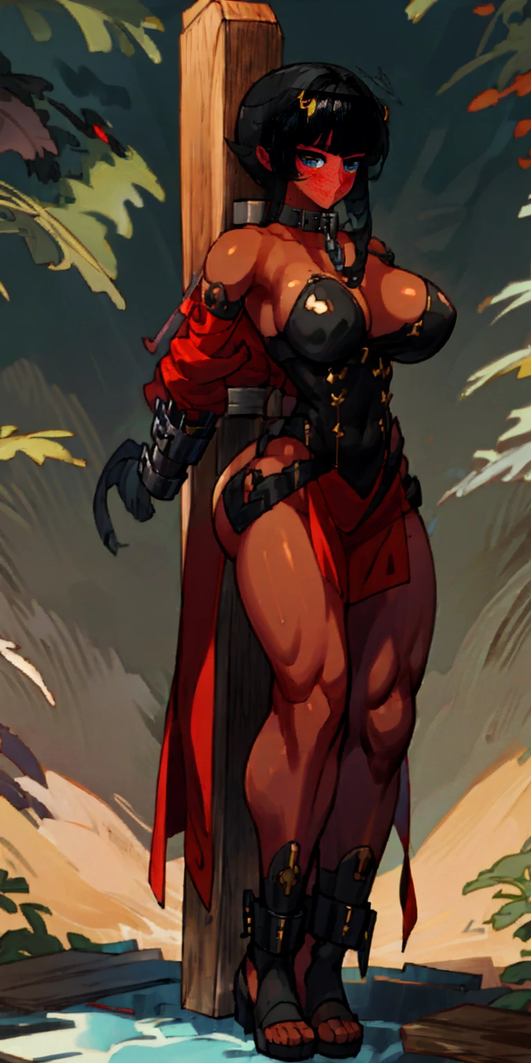 (Masterpiece, best quality, intricate details, 1sologirl) iron collar, arms behind back, iron cuffs, shackles, leather collar choker neck bell, bound ((standing by wooden pole:1.2)) ((female Black Dark skin Gyaru)) show entire body frontal position, feet in view, realistic, gorgeous 16y.o. darkest skinned mixed race female, black African, barefoot no shoes, looking to viewer straight symmetrical