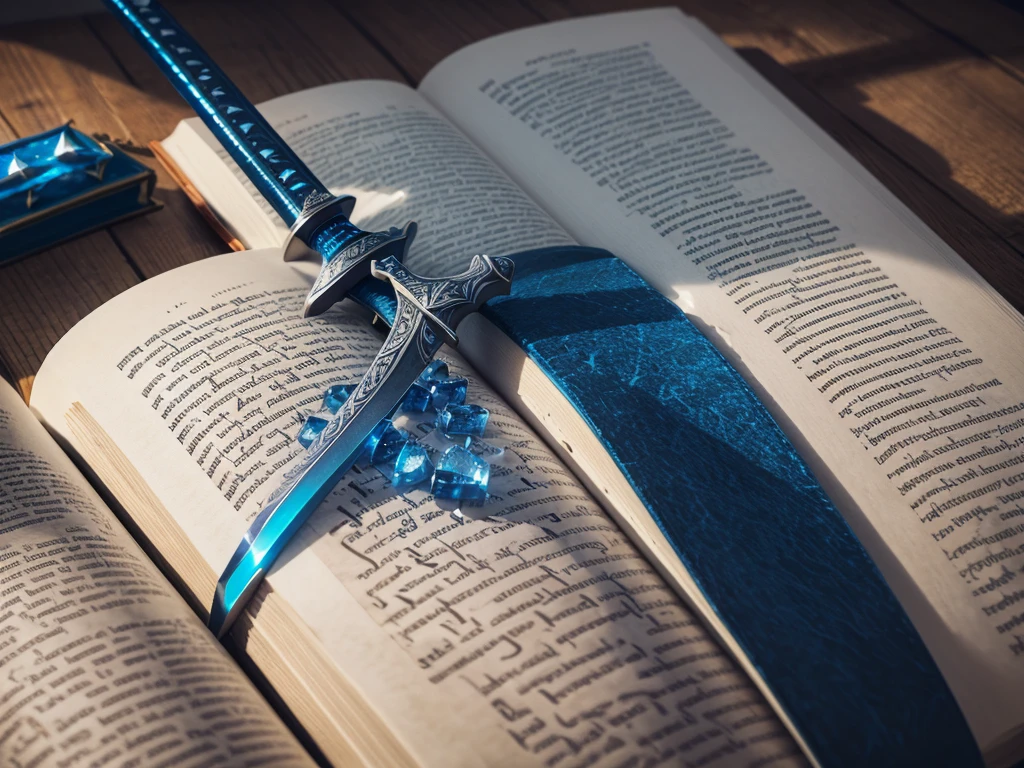 create a logo with a bible and in the middle of the bible a large sword with blue gems and writing:Inspiring Stories of Faith.
