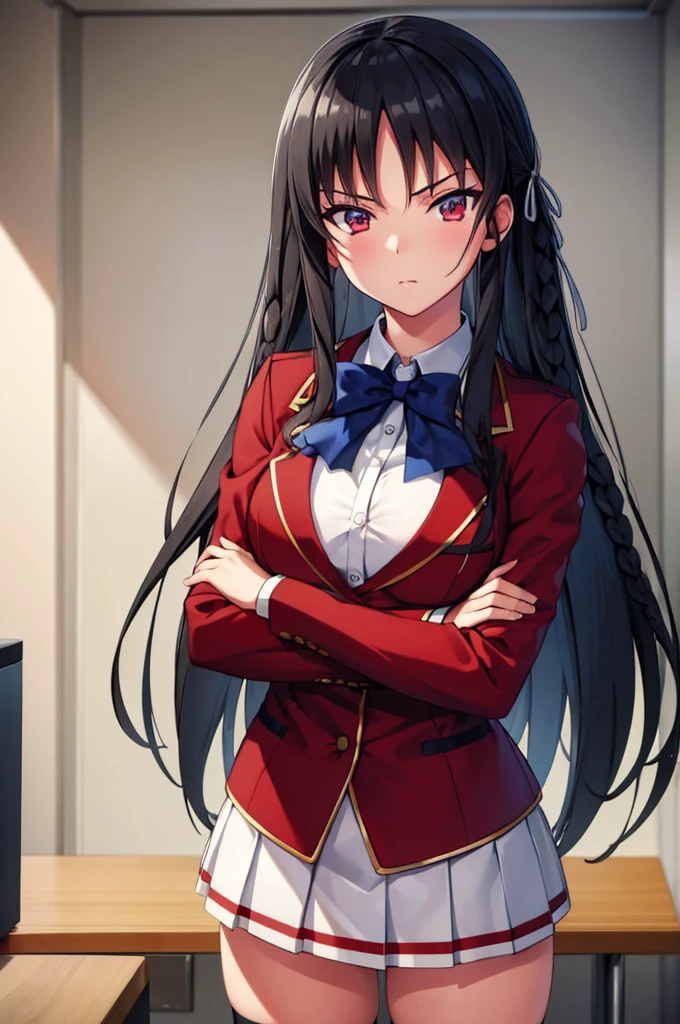 (masterpiece:1.3), (best quality:1.1), (8k, ultra detailed, ultra high res:1.2), ((anime style)), perfect 5 fingers, perfect anatomy,
1girl,
Suzune Horikita,
BREAK long hair, braid,
black hair,
red eyes,
blue bow,
(medium breasts:0.9),
red jacket, long sleeves, white skirt, pleated skirt, (black thigh-high socks:1.1),
BREAK looking at viewer,
cowboy shot, standing, (crossed arms:1.1),
perfect light, indoors, inside, classroom, public, detailed background,