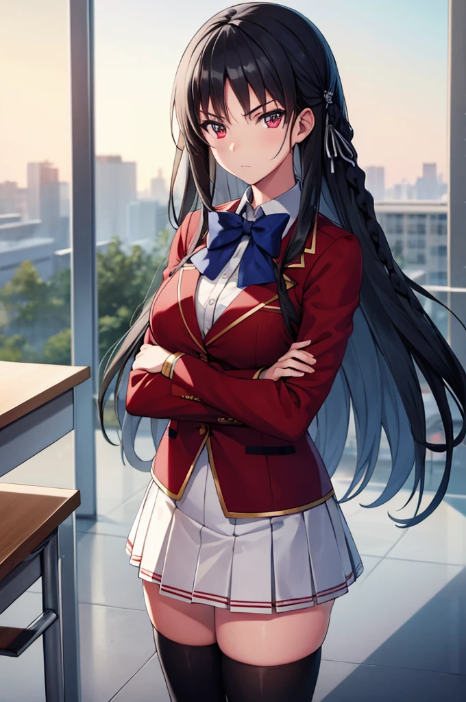 (masterpiece:1.3), (best quality:1.1), (8k, ultra detailed, ultra high res:1.2), ((anime style)), perfect 5 fingers, perfect anatomy, 
1girl,
Suzune Horikita, 
BREAK long hair, braid, 
black hair, 
red eyes, 
blue bow, 
(medium breasts:0.9), 
red jacket, long sleeves, white skirt, pleated skirt, (black thigh-high socks:1.1), 
BREAK looking at viewer, 
cowboy shot, standing, (crossed arms:1.1), 
perfect light, indoors, inside, classroom, public, detailed background,