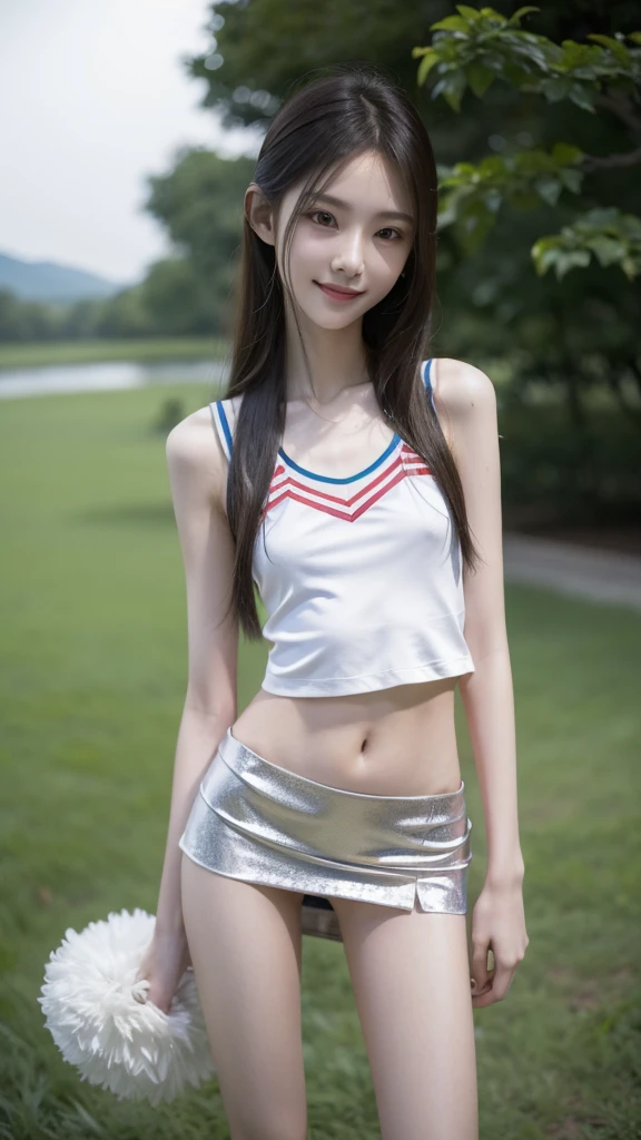 RAW, masterpiece, best quality, extremely detailed, 8k, HDR, photorealistic, intricate, A skinny Asian girl, she has an extremely slim body with narrow and small hips, long straight hair, wearing a top and short cheerleader skirt, smile, standing, outdoors