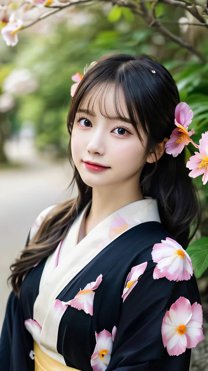 (kimono)、、(petal:1.4)、(Hair swaying in the wind:1.2)、(Highest quality,masterpiece:1.3,Ultra-high resolution,),(Ultra-detailed,Caustics),(Photorealistic:1.4,RAW shooting,)Ultra-Realistic Capture,Very detailed,High resolution 16K for human skin、 The skin texture is natural、、The skin looks healthy、The color is also uniform.、 Use natural light and color,One Woman,Japanese,,cute,Black-haired,Mid-length hair,(Depth of written boundary、chromatic aberration、、Wide range of lighting、Natural Shading、)、(Petal reflects light:1.3)
