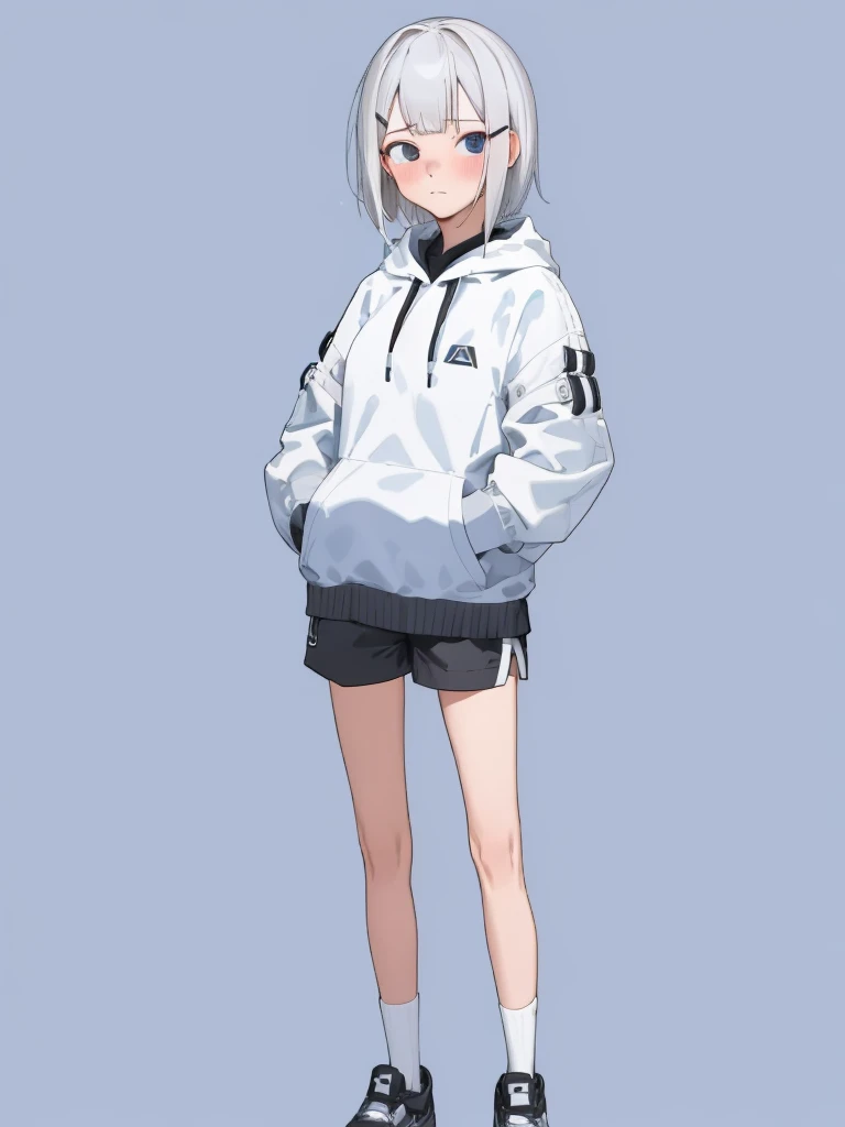 1girl, solo, looking at viewer, blush, short hair, blue eyes, hair ornament, long sleeves, closed mouth, standing, jacket, full body, white hair, shoes, shorts, hairclip, hood, black footwear, grey eyes, hoodie, blue background, hood down, hands in pockets