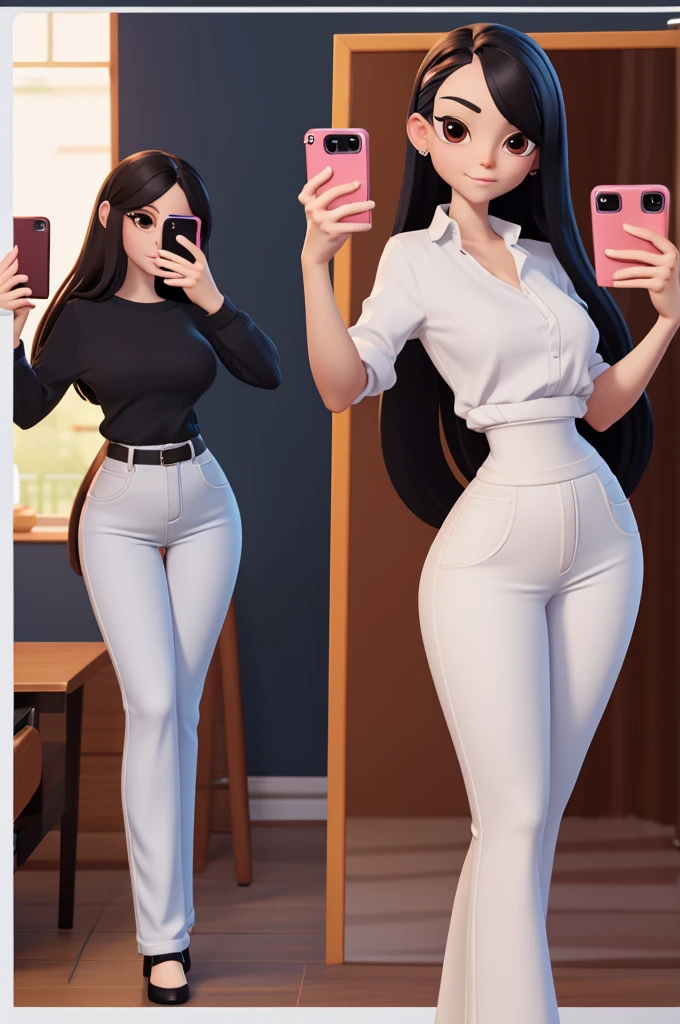 Woman with hair ball, very thin body, very thin legs, hourglass curves, Skinny body, curvy body, curvy figure, hourglass figure, Wide hips, thin legs, voluptuous body, beautiful curves, round ass, Casual clothes, wide trousers, top of pants clinging to your figure, short stature, Frontal, that is looking forward, in the mirror selfie
