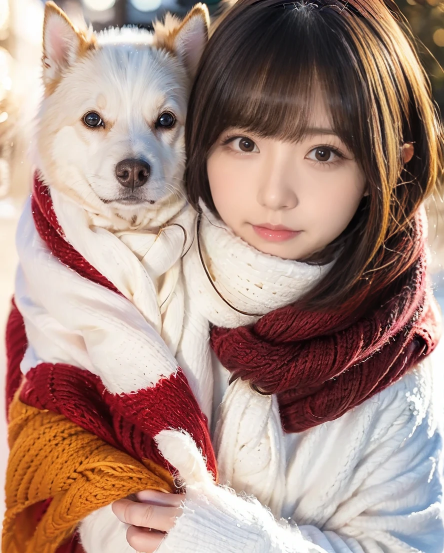 Being with a dog、A girl and a dog warming themselves by a bonfire、Lens flare、Hair blowing in the wind、Medium Short Hair、Fluffy scarf in warm colors、Expressing the whiteness of one&#39;s breath、Photo from the waist up、Night city illumination shot、Cowgirl Shot、Fur coat、豪華なグレーのミンクのFur coat、Wear fine leather boots、Luxury Bags、Inner turtleneck、Silver necklace and small silver earrings Millionaire style:1.4））、Full body photo、smile、 Caustics、Highly detailed photos、Very beautiful woman 、Ample breasts、No makeup、(8K、RAW Photos、Highest quality、masterpiece:1.2)、(Realistic、Realistic)、1 Girl、((Medium Short Hair、Midwinter、Cold region Snow falling、The wind is blowing、Fluttering Hair、Blur the background、Colorful illuminations、Looking into the camera:1.4))、

