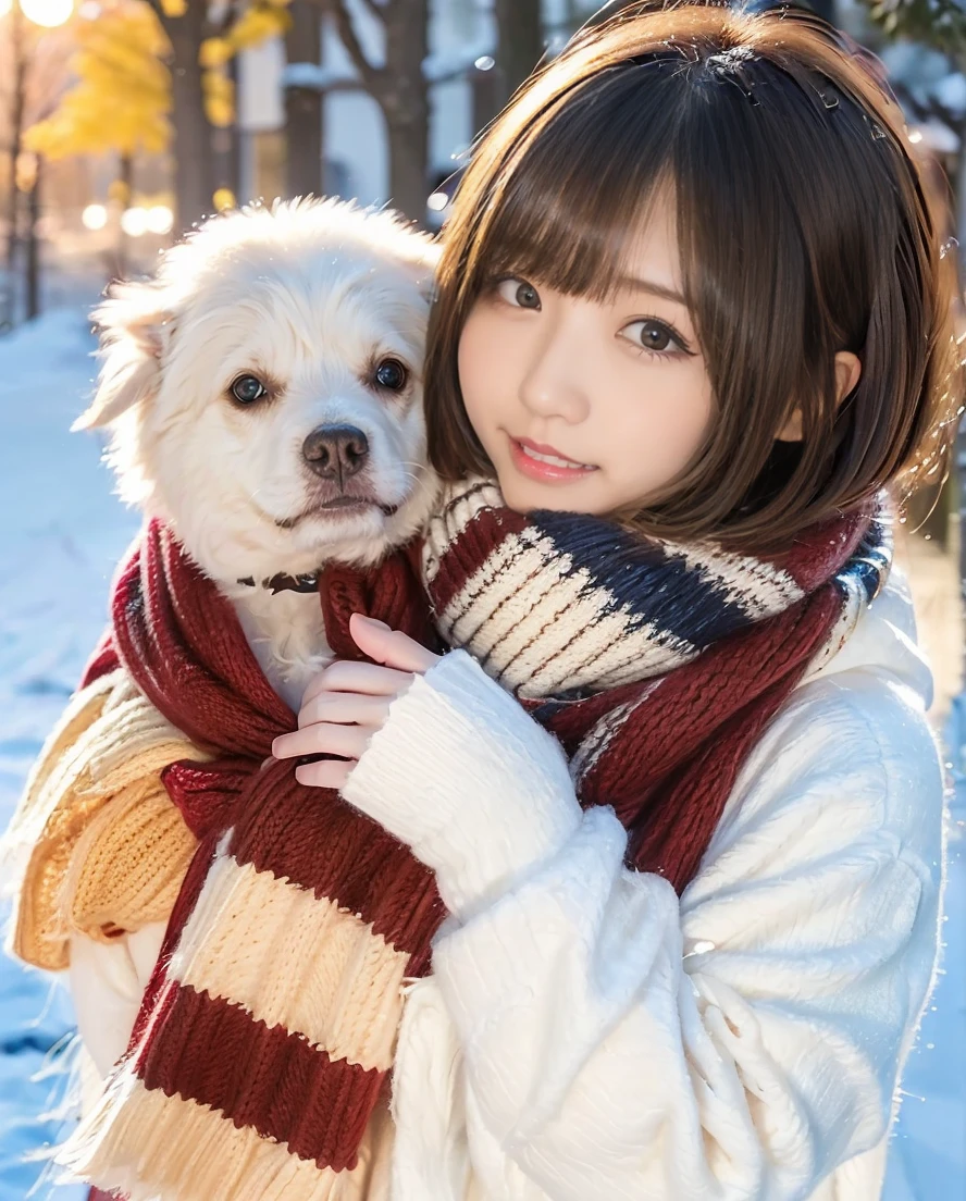 Being with a dog、A girl and a dog warming themselves by a bonfire、Lens flare、Hair blowing in the wind、Medium Short Hair、Fluffy scarf in warm colors、Expressing the whiteness of one's breath、Photo from the waist up、Night city illumination shot、Cowgirl Shot、Fur coat、豪華なグレーのミンクのFur coat、Wear fine leather boots、Luxury Bags、Inner turtleneck、Silver necklace and small silver earrings Millionaire style:1.4))、Full body photo、smile、 Caustics、Highly detailed photos、Very beautiful woman 、Ample breasts、No makeup、(8K、RAW Photos、Highest quality、masterpiece:1.2)、(Realistic、Realistic)、1 Girl、((Medium Short Hair、Midwinter、Cold region Snow falling、The wind is blowing、Fluttering Hair、Blur the background、Colorful illuminations、Looking into the camera:1.4))、