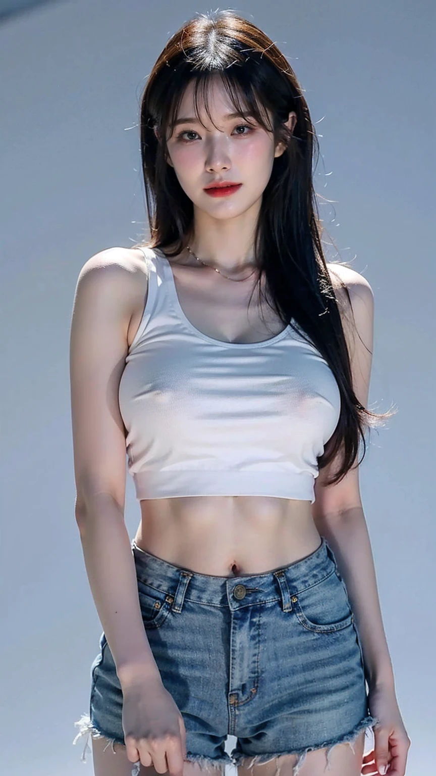 (1 Korean Girl)、top-quality、masterpiece、A high resolution、(Photorealsitic:1.4)、Raw photo、glowy skin、(random background)、((super realistic details))、,Portrait Photography Pose smile, Shadow、8K、ultrasharp、、Raw skin is exposed in cleavage, (nsfw:1.4), (underboob tanktop shirt:1.4), (cowboy shot:1.4), ((face focus)), (mediaum long hair with bang)